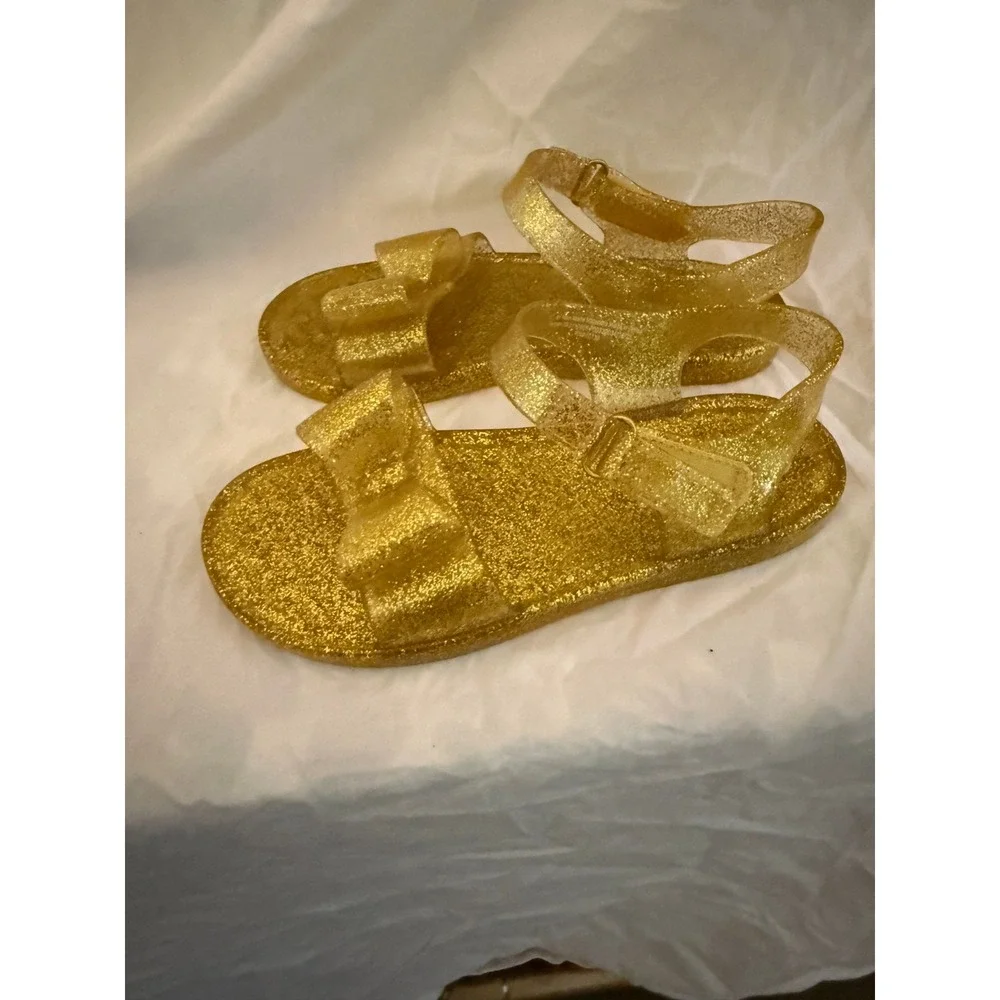 Cat & Jack Girls Gold Glitter Jelly Sandals Bow Ankle Strap Size 12